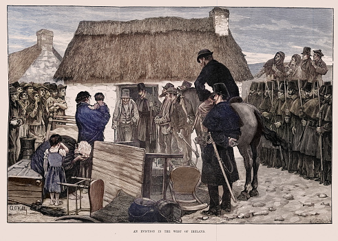 Eviction of tenant family in the West of Ireland, Irish History, 1880s, 19th Century, Vintage illustration