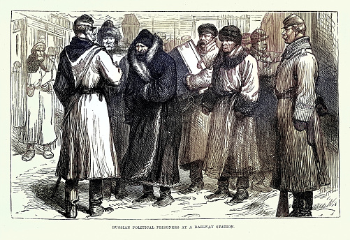 Russian political prisoners at a railway station, Russia, 1881, Victorian History, Vintage illustration