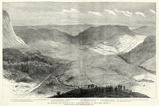 View of the Battle of Laing's Nek during the First Boer War, Victorian Military History, Vintage illustration