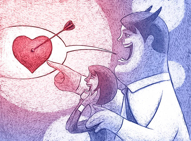 evil man embracing woman and pointing heart with arrow digital painting / raster illustration of evil man embracing woman and pointing heart with arrow lying friends quotes stock illustrations