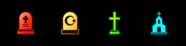istock Set Grave with tombstone, Muslim cemetery, cross and Church building icon. Vector 2151396775