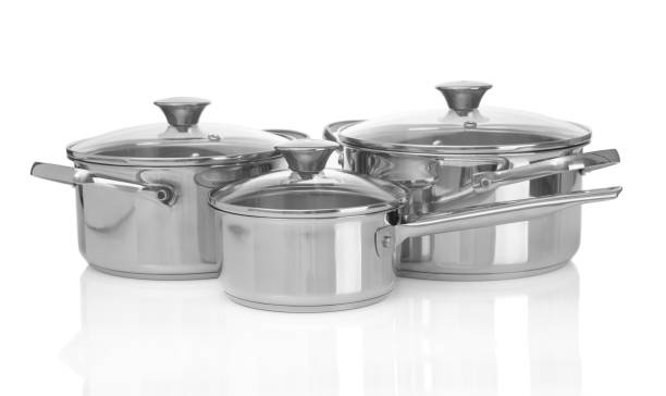 istock Group of stainless saucepans isolated on white background 2151402097