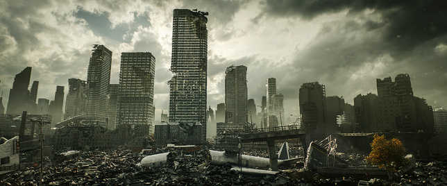 Digitally generated haunting view of a city ravaged by an unspecified disaster. Skyscrapers stand damaged and abandoned, looming over a landscape of debris under a gloomy sky. Nature begins to reclaim the urban area with signs of vegetation among the ruins. \n\nThe scene was created in Autodesk® 3ds Max 2025 with V-Ray 6 and rendered with photorealistic shaders and lighting in Chaos® Vantage with some post-production added.
