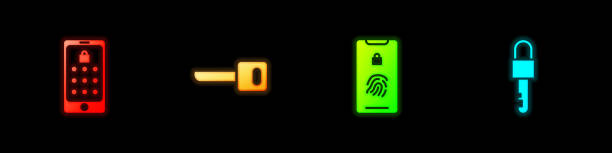 istock Set Mobile and graphic password, Key, with fingerprint scan and Locked key icon. Vector 2151407446