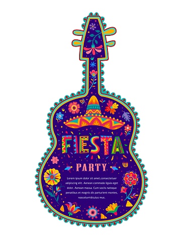 Mexican fiesta party flyer with guitar. Vector colorful holiday template with cartoon alebrije style sombrero hat and tropical flowers. Greeting card for traditional celebratory event of Mexico