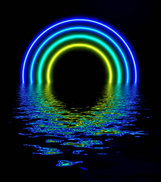Abstract futuristic background, yellow blue neon lights gate with 3D glowing reflected in water, sci fi render illustration.