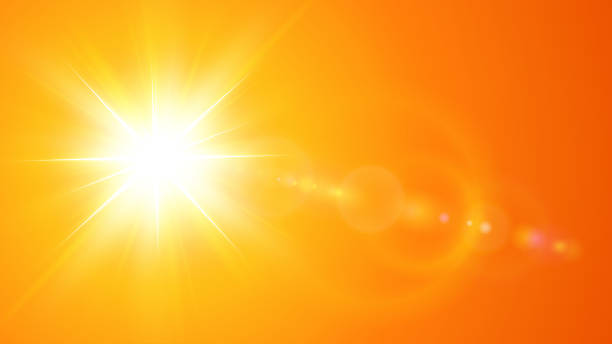 Sunny background, orange sun with lens flare, hot weather concept, summer background illustration. Sunny background, orange sun with lens flare, hot weather concept, vector summer background illustration. temperature stock illustrations