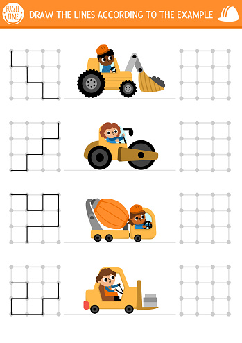 Construction site drawing, writing, tracing, space orientation activity for kids with special trucks. Draw the lines in square box according the example. Preschool printable activity, game, puzzle