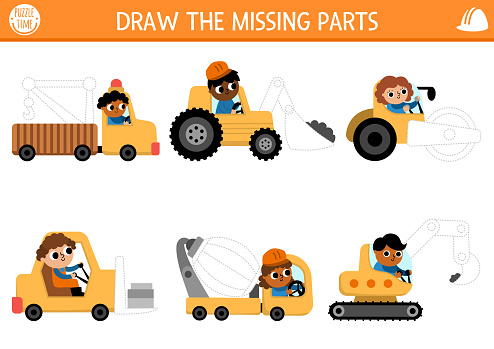 Construction site drawing, writing, tracing activity for kids with special cars and spare parts. What parts of trucks are missing. Building works preschool printable activity. Repair service game, puzzle
