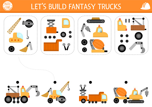 Construction site matching, logical activity with fantasy special technics and its components. Assemble truck from its spare parts puzzle. Match parts and whole object game, printable worksheet