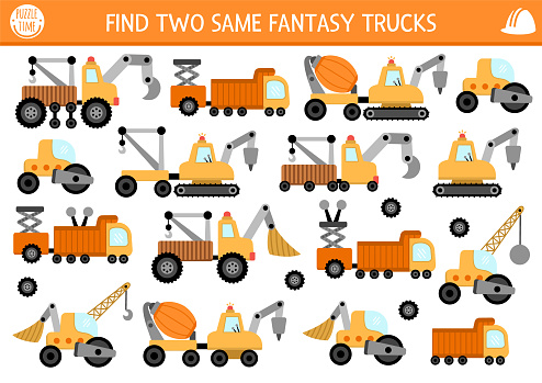 Find two same special fantasy cars. Construction site matching activity for children. Building works educational quiz worksheet for kids. Simple printable game with cute funny vehicles