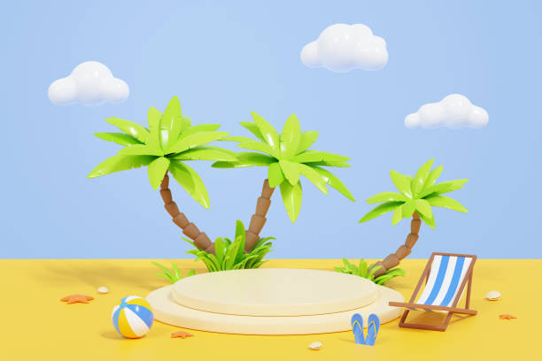 istock Summer beach 3d render background with two stairs round product podium 2151417129