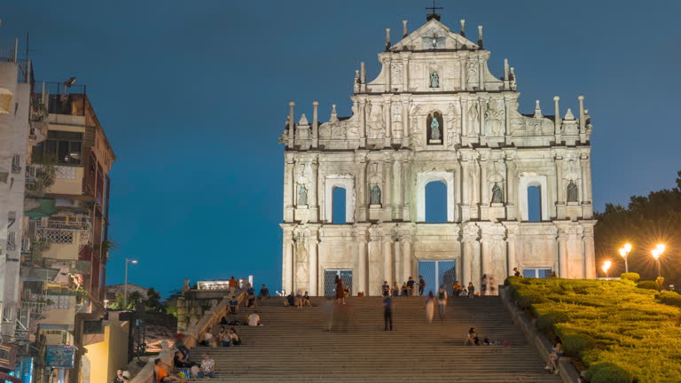 Tourist people visiting Ruins of Saint Paul's Cathedral travel landmark of Macau.