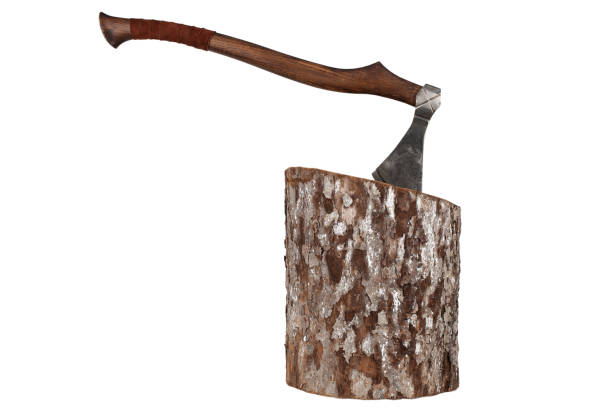 axe with wooden handle in wood log on white background
