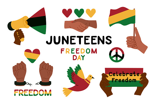 Juneteenth Freedom Day set of stickers in flat style isolated on white background. Vector hand drawn hands and symbols for black history month