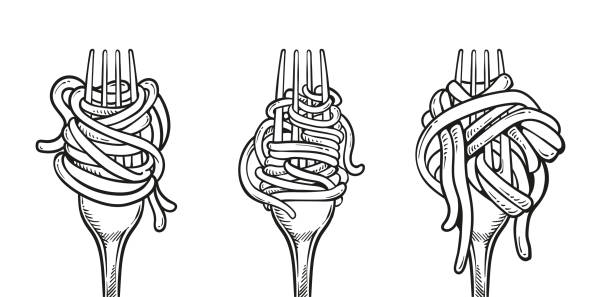 stockillustraties, clipart, cartoons en iconen met fork with noodle pasta illustration set. eating spaghetti using fork vector design - spaghetti