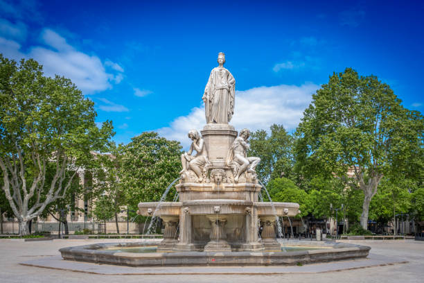 Nîmes, France - 04 17 2024: View of the Pradier White marble fountain