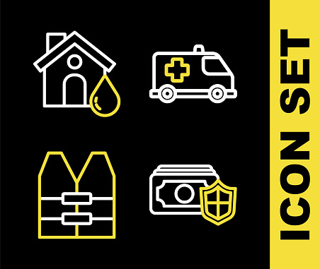 Set line Emergency car Money with shield Life jacket and House flood icon. Vector.
