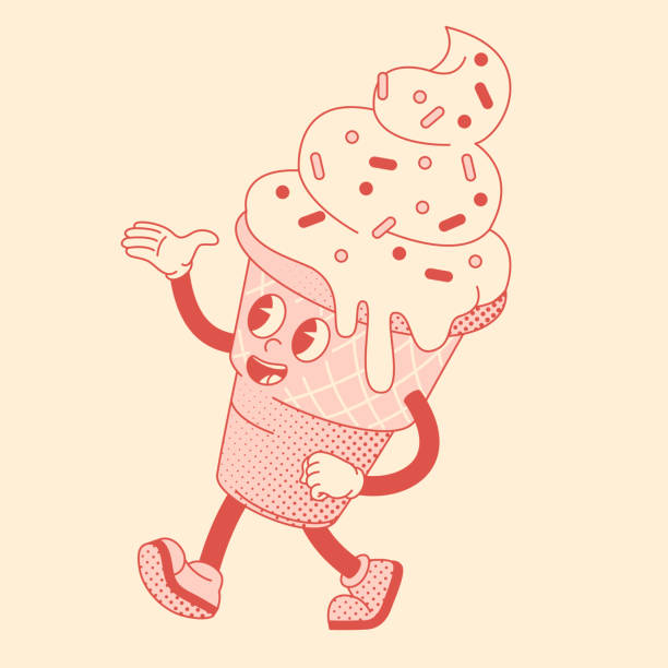 Ice cream cartoon groovy comic character, doodle design, logo comic style. Decoration for greeting cards, posters, prints and stickers. Retro groovy flat style thin line and raster vector illustration.