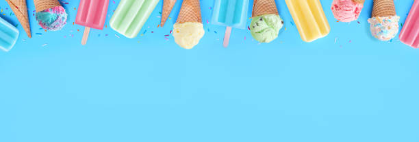 Pastel ice cream cones and popsicle top border on a blue banner background