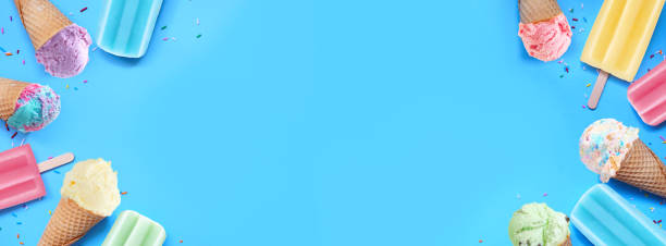 istock Pastel ice cream cones and popsicle double border on a blue banner background 2151445782