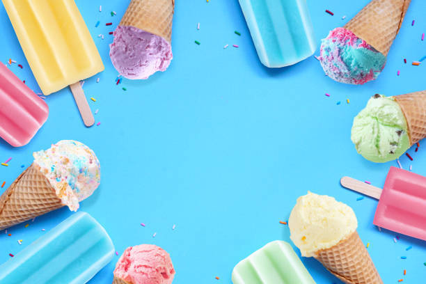 istock Pastel ice cream cones and popsicle frame on a blue background 2151445783