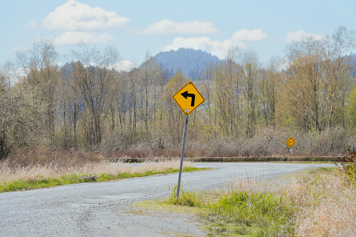 Rannie Road at the Pitt River Dike Scenic Point during a spring season in Pitt Meadows, British Columbia, Canada.