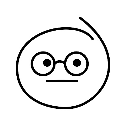 Black and white drawn emoticon without emotion with open eyes and a straight line of the mouth. Smiley bespectacled man wearing round glasses