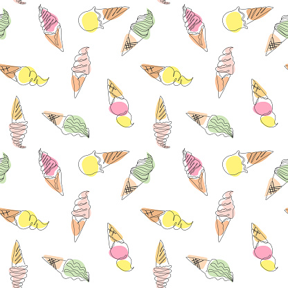 Outline of ice cream in a continuous line style on a white background. Seamless pattern. Summer doodle illustration for menus, invitations, flyers, fabric print