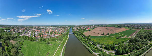 istock Birdseye view of a Mittellandkanal river with trees and fields under a cloudy sky drone view Hanover Seelze Germany 2151461998