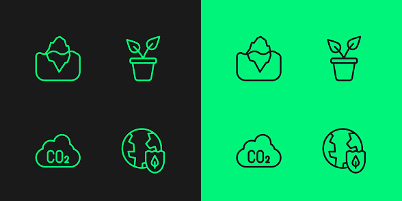 Set line Earth with shield CO2 emissions in cloud Iceberg and Plant pot icon. Vector.