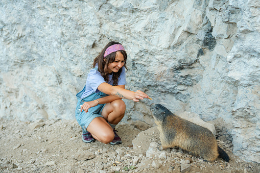 Cheerful woman encountering marmot in mountains