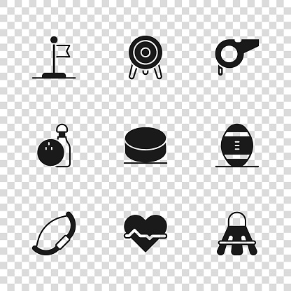 Set Heart rate American Football ball Badminton shuttlecock Hockey puck Whistle Flag Target sport and Bowling pin and icon. Vector.