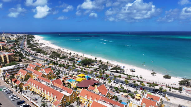 An empty tropical beach in the Caribbean.  Wide shot with clear, blue sky and plenty of room for copy.