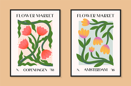 Abstact flower market vector posters with hand drawn florals.Modern botanical illustrations for prints,flyers,banners,invitations,branding design,covers,home decoration.