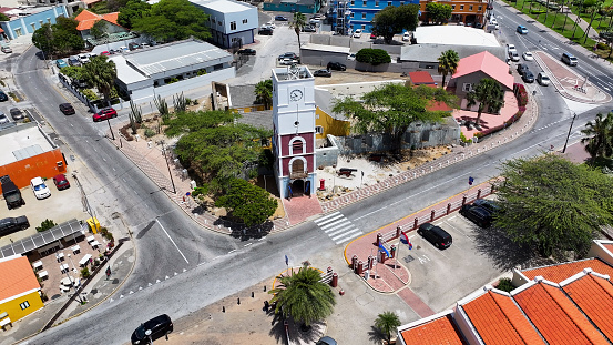 Fort Zoutman At Oranjestad In Caribbean Netherlands Aruba. Caribbean City. Downtown Skyline. Oranjestad At Caribbean Netherlands Aruba. Cityscape Landmark. Colored Buildings.