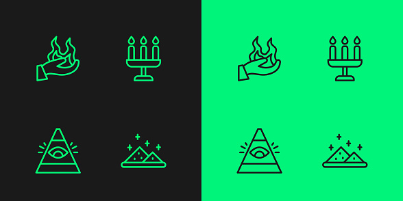 Set line Magic powder All-seeing eye of God Hand holding fire and Candlestick icon. Vector.