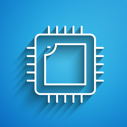 White line Computer processor with microcircuits CPU icon isolated on blue background. Chip or cpu with circuit board. Micro processor. Long shadow. Vector.