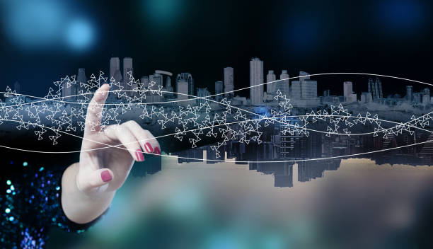 istock Blue night sity background and female hand press a button or pointing 2151484367