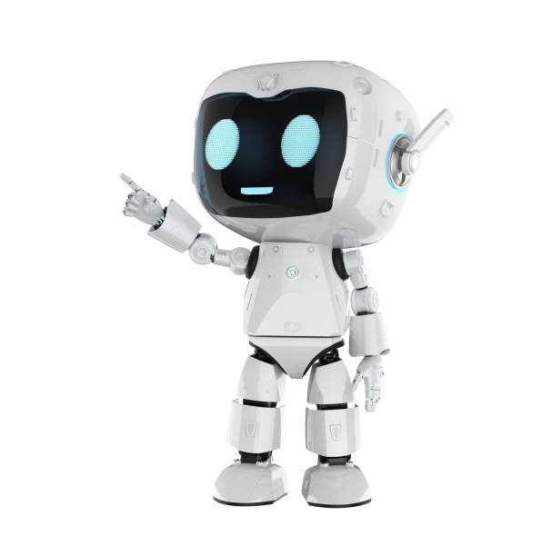 istock Cute and small artificial intelligence personal assistant robot finger point isolated 2151484491