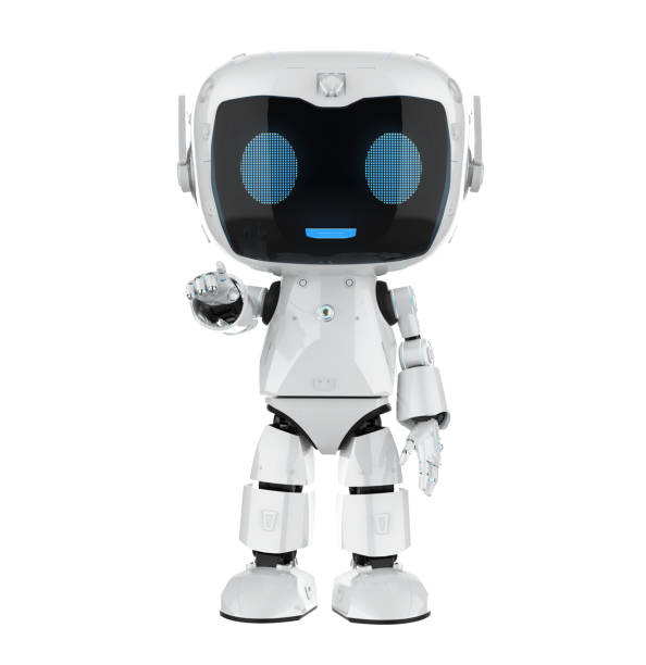 istock Cute and small artificial intelligence personal assistant robot finger point isolated 2151484498