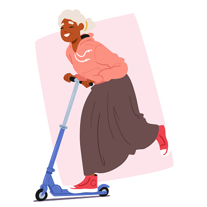 Senior Woman Glides With Joy On Scooter, Her Smile And Sporty Attire Reminding Us That Fun And Playfulness Are Ageless. Character Happily Immersed In Fun Underlining The Theme be Always Young At Heart