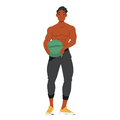 Fit Man Stands Holding A Medicine Ball, His Athletic Build And Focused Demeanor Highlighting His Commitment To A Healthy, Active Lifestyle And Functional Strength Training. Cartoon Vector Illustration