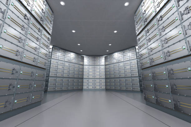 istock Safe deposit boxes inside bank vault interior 2151485089