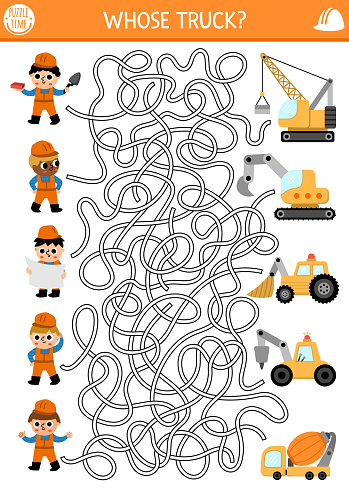Construction site maze for kids with workers and their trucks. Building works preschool printable activity, labyrinth game, puzzle with excavator, tractor, concrete mixer, bulldozer and builders