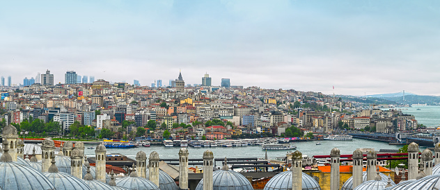 Panoramic view of Istanbul with old historical district, architecture, sea, Galata Tower. Long picture as panorama in Turkey