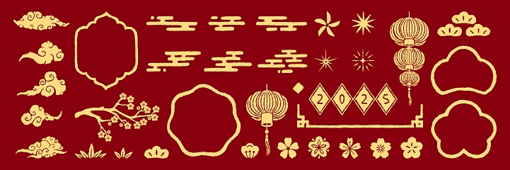 Chinese new year assets collection. Hand drawn traditional element, frame, lantern and flower. Vector texture jewelry set in Chinese and Japanese style for card, print, flyers, posters, merch, covers.