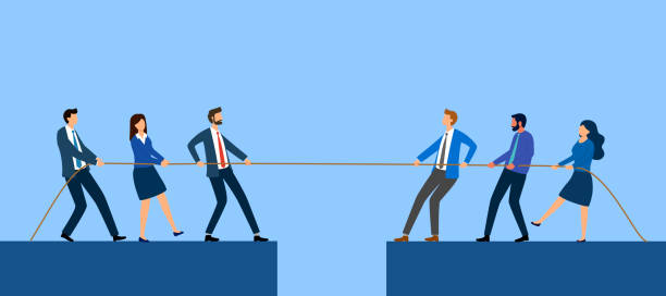 istock Business competition. Men and women company employees pulling rope. 2151499569