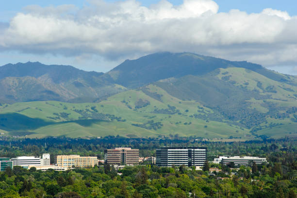 An image of Mount Diablo where there are office buildings, in Concord California, in the foreground.