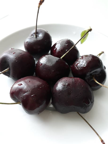 istock A plate of cherries with their stems still attached. 2151502375